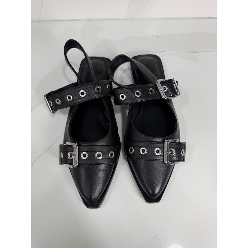 Quince Black Leather Pointed Toe Buckle Slingback Flats Size 8 Silver Hardware